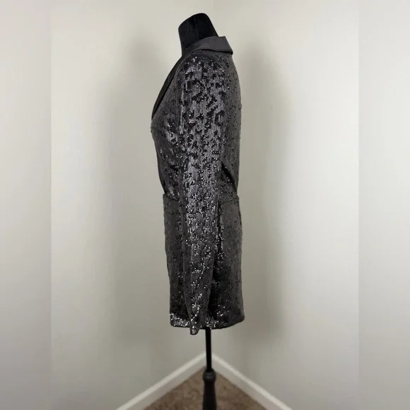 NBD Black Sequin Blazer romper with Satin Shawl Lapel – Size Small, NWT - Picture 8 of 16